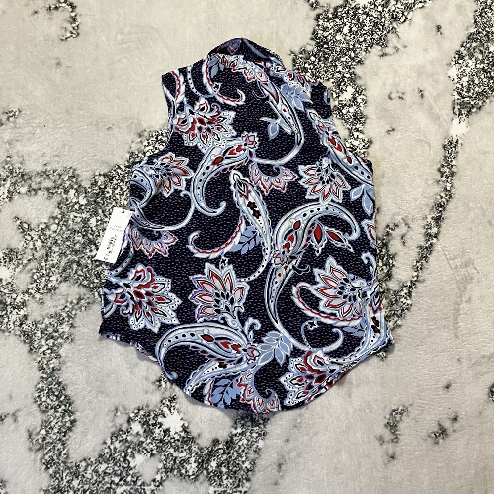 Liz Claiborne top Womens Sz PXS Navy Paisley Pleated Satin Sleeveless Shell - Picture 3 of 7